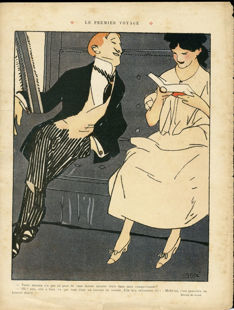 Xavier Gose (1876-1915) 的插图，《Le Lire》，27/08/10 - 第一次旅程 - 铁路列车、男士时尚、通奸 作者 泽维尔·戈斯
