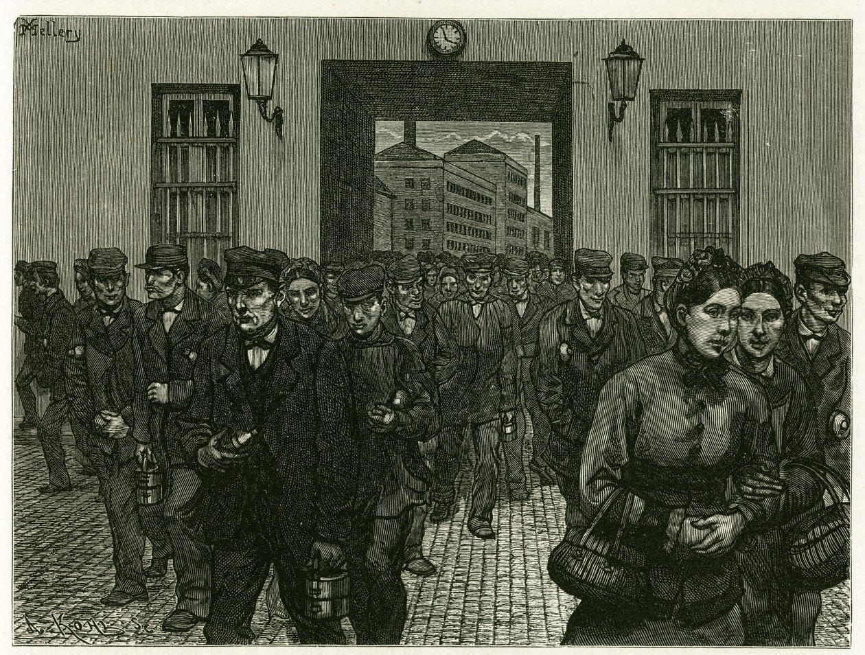 A factory exit in Ghent. Engraving by X. Mellery, after nature, to illustrate the story “” Belgium””, in 1888, by Camille Lemonnier (1844-1913), art critic and writer. Published in the Tour du monde, 2nd semester 1883, edited by Edouard Charton (1807-1890) 作者 泽维尔·梅勒里