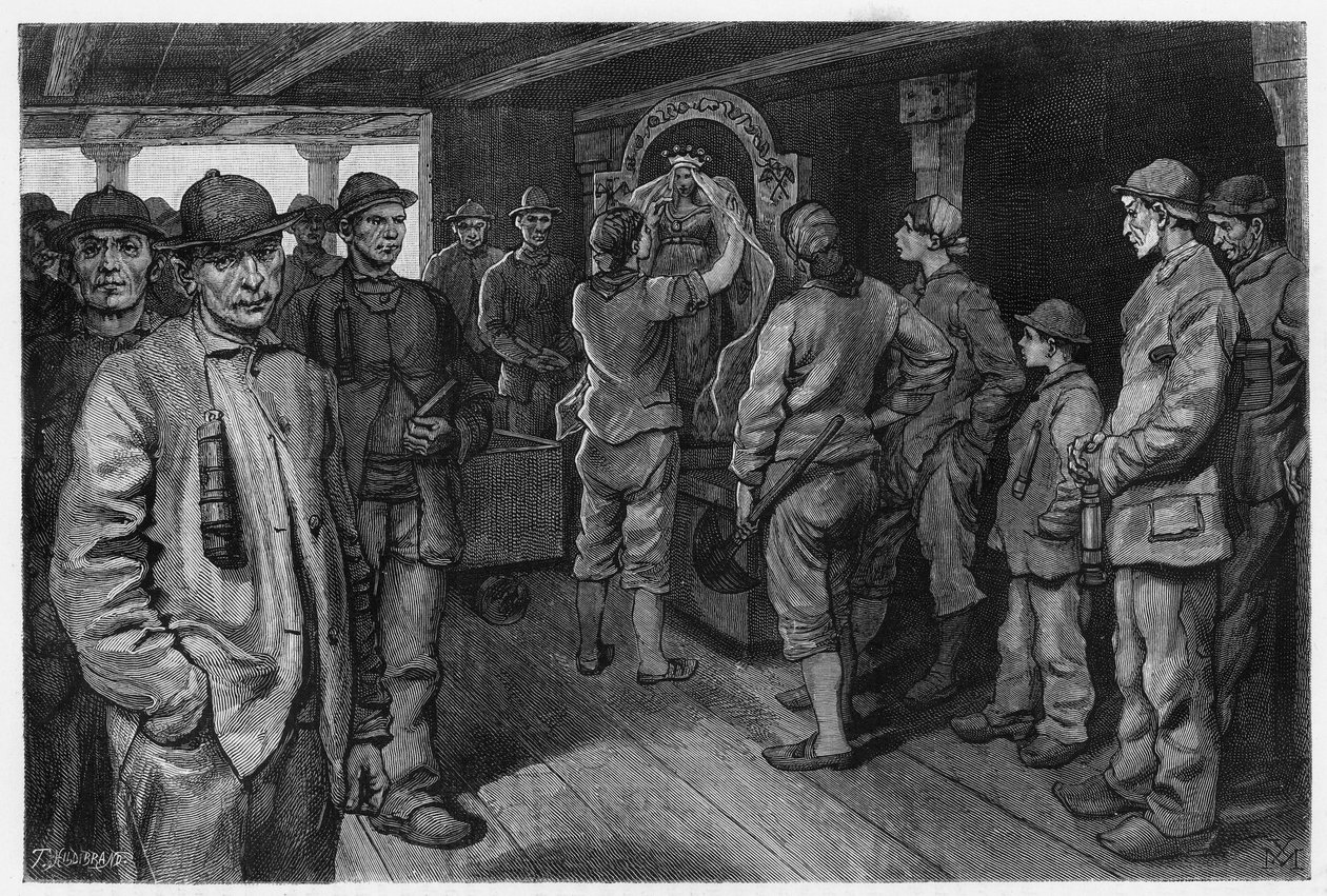 Charbonniere depicting the statue of Saint Barbe, patron saint of miners and firefighters, at the annual fair in her honour. Engraving by X.Mellery, to illustrate the story “” Belgium””, by Camille Lemonnier (1844-1913) Belgian writer. Published in Le Tour 作者 泽维尔·梅勒里