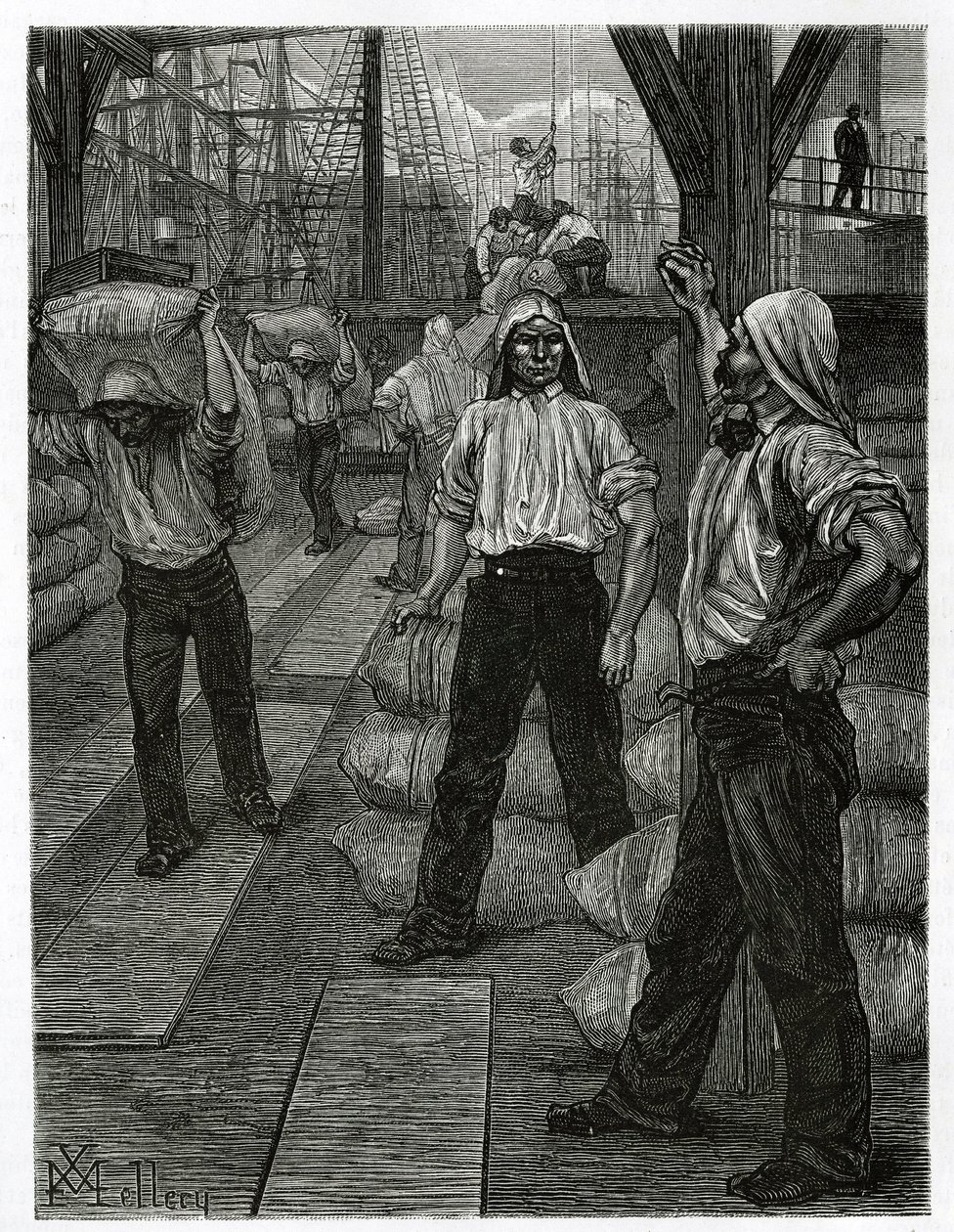 The unloading of a ship, the dockers with their heads covered with a tarmac cap, pile up the goods on the docks of the port of Antwerp. Engraving by X.Mellery, to illustrate the story of Belgium, by Camille Lemonnier, published in the Tour du monde, edited 作者 泽维尔·梅勒里