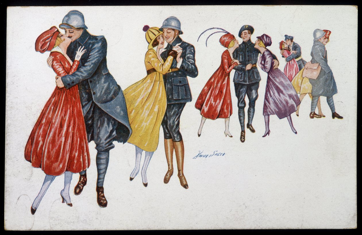Military and their fiancees, marainnes or friends - illustration by Xavier Sager (1870-1930) postcard, v.1915 作者 泽维尔·萨格（Xavier Sager）