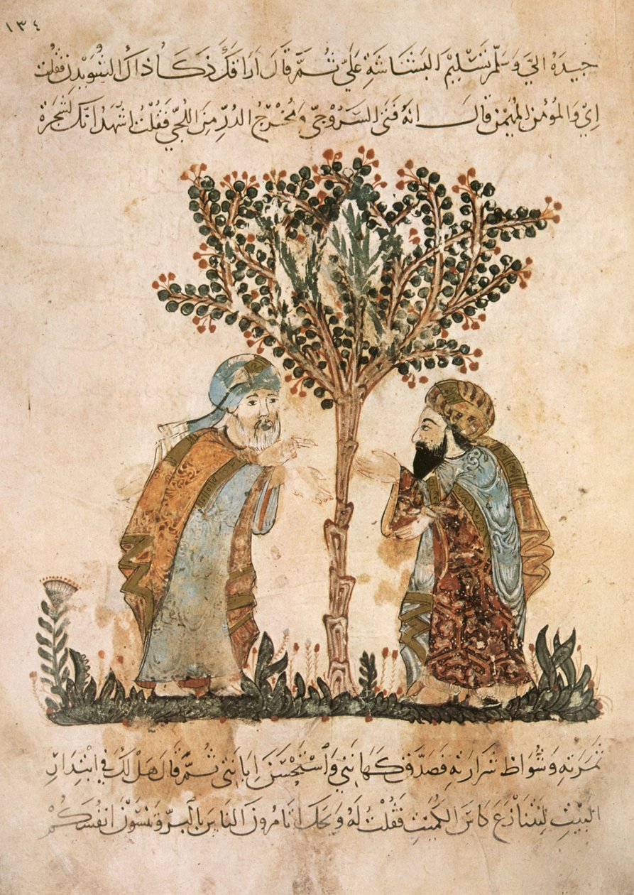 Ar 5847 f.121，Abou Zayd与Al-Harith谈话，来自Al Maari的Al Maqamat，c.1240（牛皮纸上的水粉画） 作者 叶海亚·伊本·马哈茂德·瓦西蒂