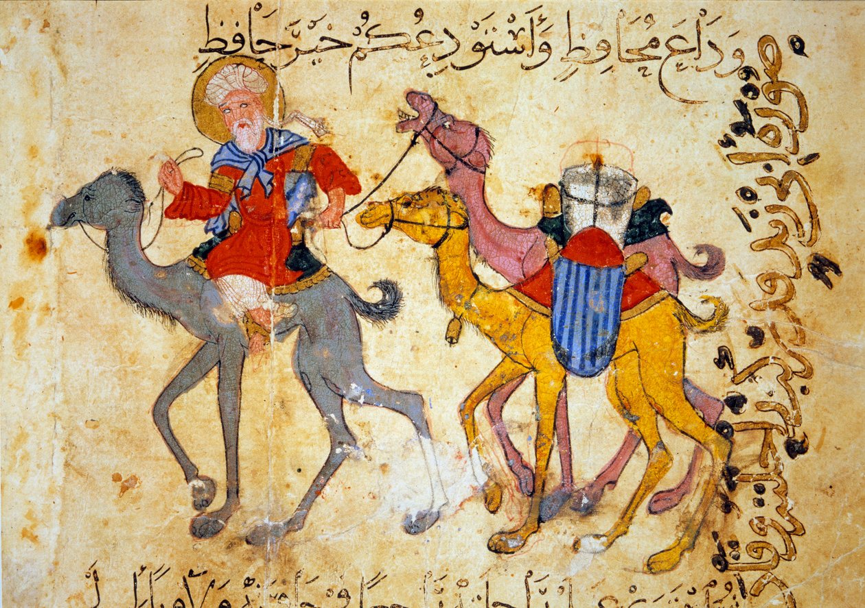 沙漠中的骆驼队（Caravan）微型画，出自Abu Mohammed al-Kasim ibn Ali Hariri（或Al-Hariri或Al Hariri）（1054-1122）的《Maqamat》（Seances），1237年由Yahya Mahmud al-Wasiti（al Wasiti）放大，巴黎，B.N. 作者 叶海亚·伊本·马哈茂德·瓦西蒂