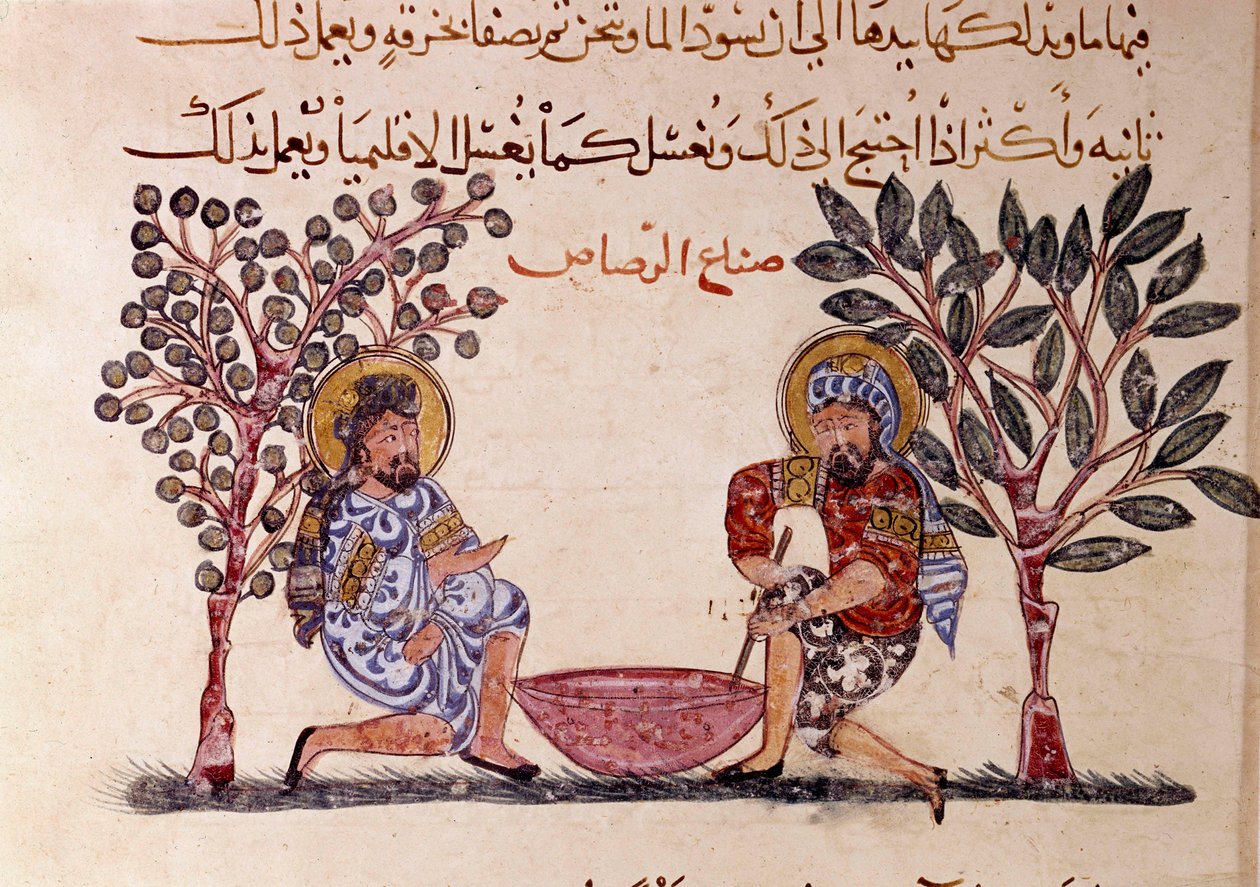 马卡马特》（Seances）铅页的制作，11世纪阿拉伯诗人Abu Mohammed al-Kasim ibn Ali Hariri（或Al-Hariri或Al Hariri）（1054-1122）的比喻诗，由Al-Wasiti（al-Wasiti）绘制。 作者 叶海亚·伊本·马哈茂德·瓦西蒂