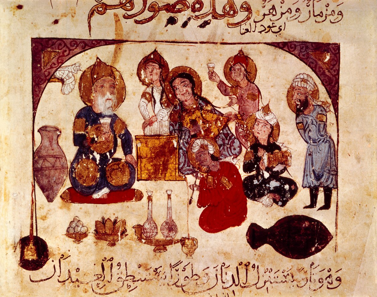 阿布-扎伊德在哈纳酒馆，"马卡马特"（谚语）的缩影，ms.3929，fol.34v。 作者 叶海亚·伊本·马哈茂德·瓦西蒂