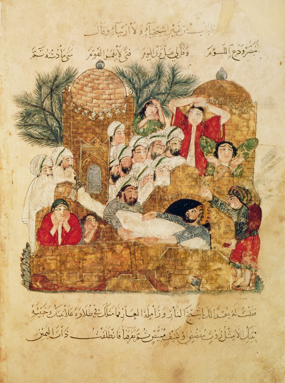 阿拉伯5847 f.29，瘟疫受害者的埋葬，来自Al-Hariri的“Al Maqamat”（会议），c.1240 作者 叶海亚·伊本·马哈茂德·瓦西蒂