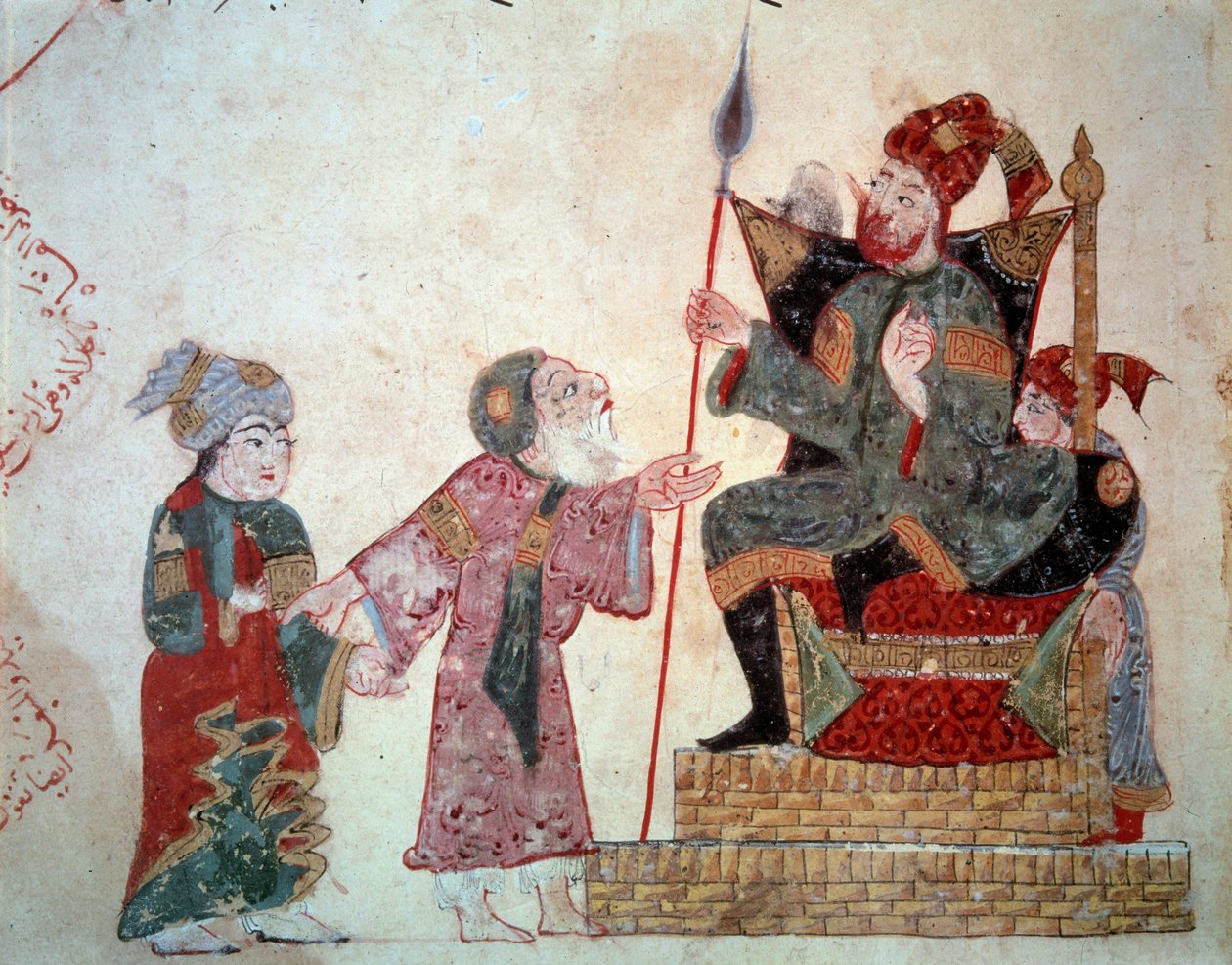 漂泊的航海家Abu-Zayd（Abu Zayd，艾布-扎伊德）和他的儿子在总督面前的缩影 取自Abu Mohammed al-Kasim ibn Ali Hariri（或Al-Hariri或Al Hariri）（1054-1122）的 "Maqamat"（Seances），由Yahya Mahmud al-Wasiti（al-Wasiti）放大的作品i 作者 叶海亚·伊本·马哈茂德·瓦西蒂
