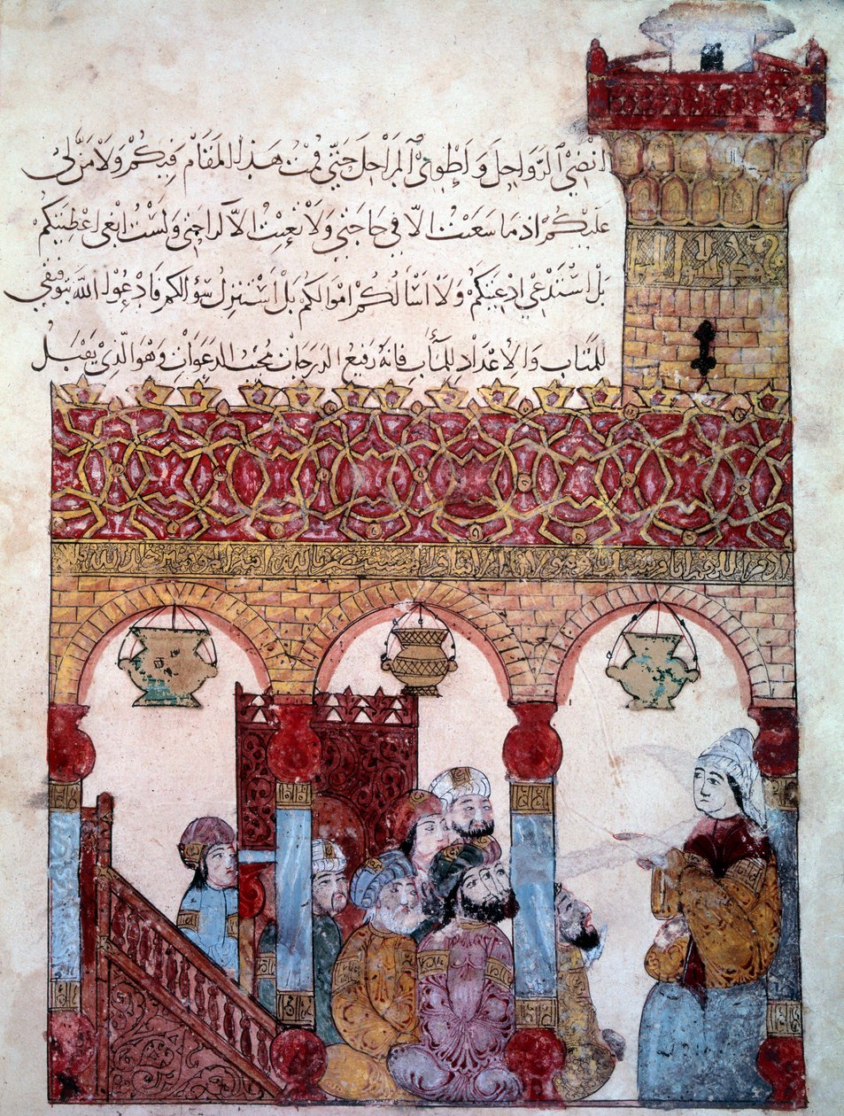 巴斯拉清真寺（Basra）中的流浪航海家阿布-扎伊德（Abu Zayd，Abu Zayd）微型画，出自阿布-穆罕默德-卡西姆-伊本-阿里-哈里里（或Al-Hariri或Al Hariri）（1054-1122）的 "Maqamat"（Seances），由叶海亚-马赫穆德-瓦斯德-伊提（al W 作者 叶海亚·伊本·马哈茂德·瓦西蒂