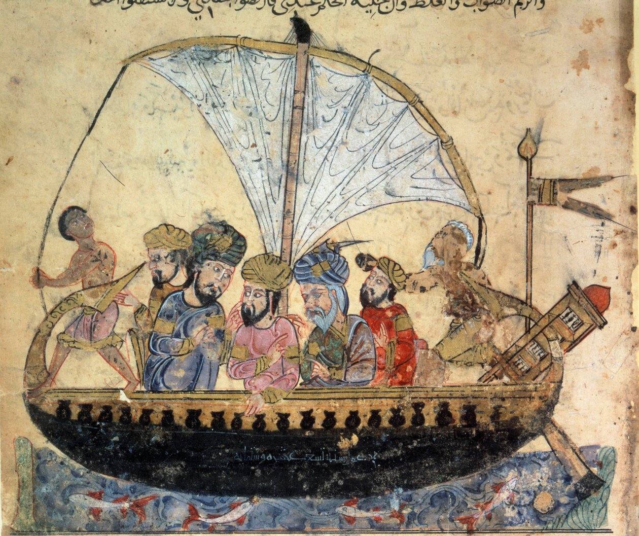 哈马姆的儿子哈里斯（Al Harith）和游荡的航海家艾布-扎伊德（Abu Zayd）在幼发拉底河上航行的小船上。 艾布-穆罕默德-卡西姆-伊本-阿里-哈里里（或Al-Hariri或Al Hariri）（1054-1122）的 "Maqamat"（Seances）微型画。 作者 叶海亚·伊本·马哈茂德·瓦西蒂