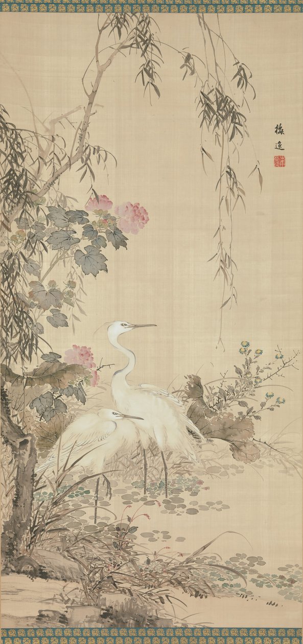 白鹭，牡丹和柳树，十九世纪初。 作者 山本白津