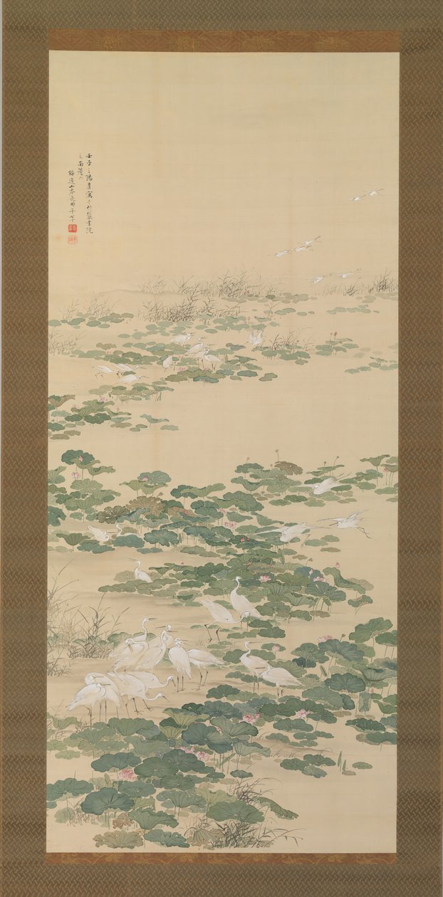 莲花池中的白鹭，1852年。 作者 山本白津