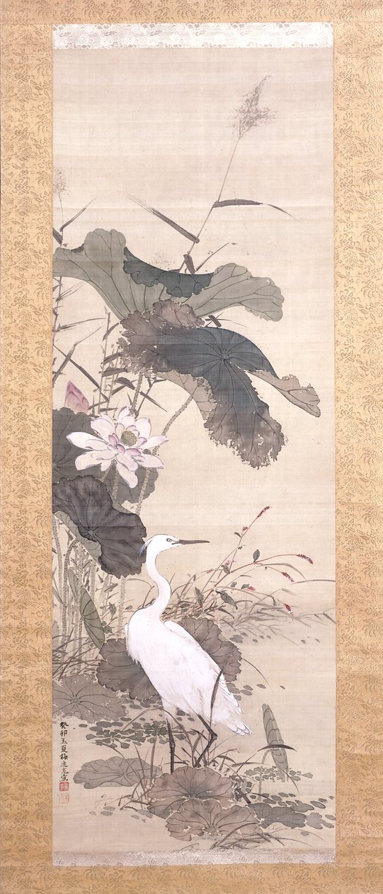 荷花雪鹭（水墨、设色、丝绸） 作者 山本白津