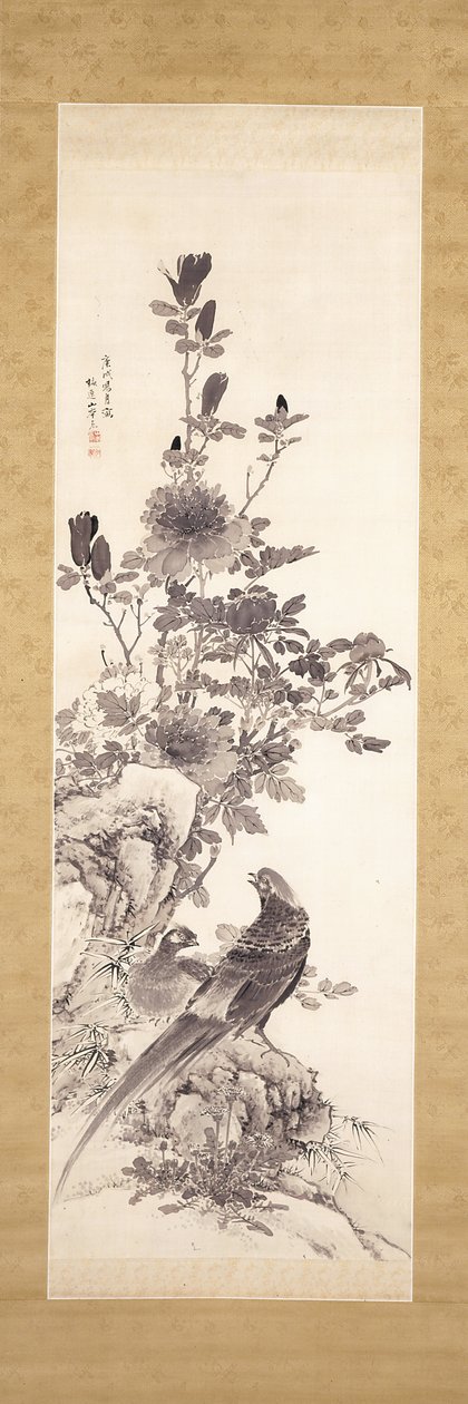 牡丹与金鸡（绢本水墨画） 作者 山本白津