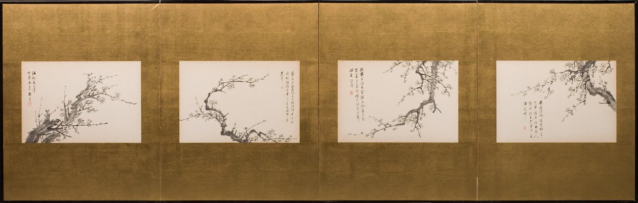 梅花，折叠屏风，江户时代 1844 年（纸上墨迹）（另见 752778-82） 作者 山本白津