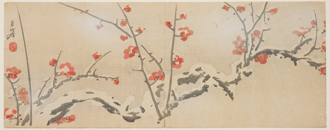 雪中开花的李子，c.1818-29（彩色木版画） 作者 山冈吉普