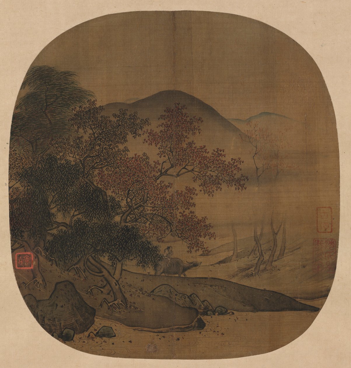 水牛和男孩在秋天的风景中，1127-1279。 作者 严次萍