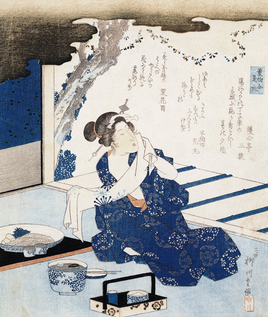 穿着浴衣（蓝白色棉质和服）的宫女，墙板上有诗句装饰 作者 柳川二重信