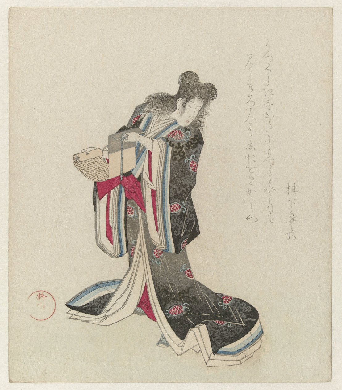 饰演 Kanzan 的 Courtisane
大阪新町 Nerimono 节期间的服装游行（系列标题） 作者 柳川重信（一）