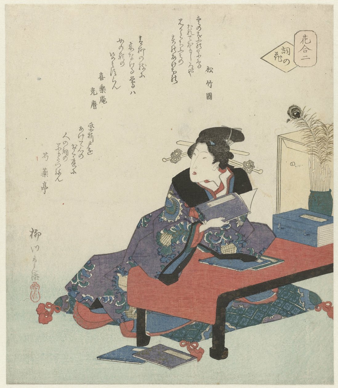 第二名：日本诗歌之花 Kotoba no hana（对象上的标题） 花的比较（系列名称） Hana awase（物体上的系列标题） 作者 柳川重信（二）