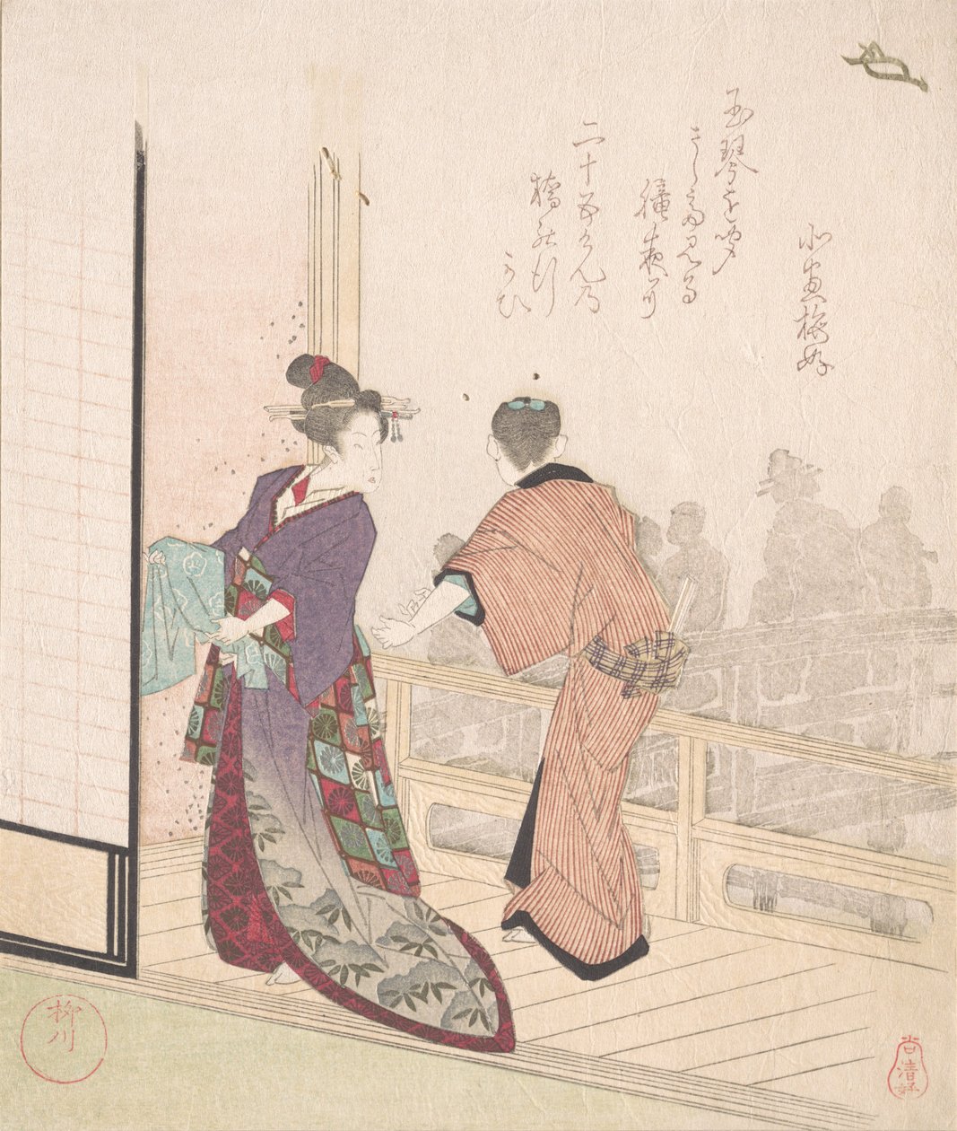 茶馆长廊上的场景，18-19世纪。 作者 柳川繁信
