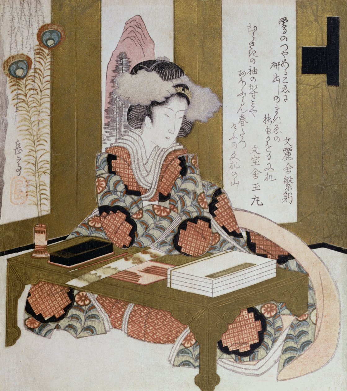 女诗人，Bijin，在她的书法表（彩色木版画） 作者 矢岛学亭