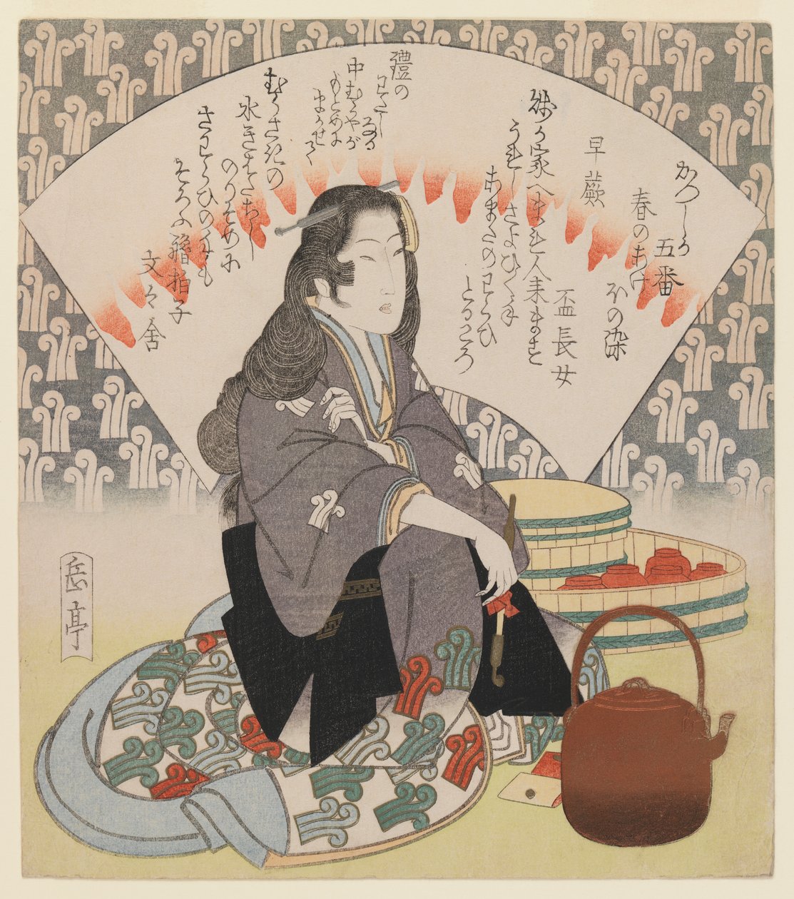 来自Katsushika Poetry Club的5 Surimono系列的女服务员和铜水壶，1830年（木版画，shikishiban格式，豪华金属的豪华印刷） 作者 矢岛学亭
