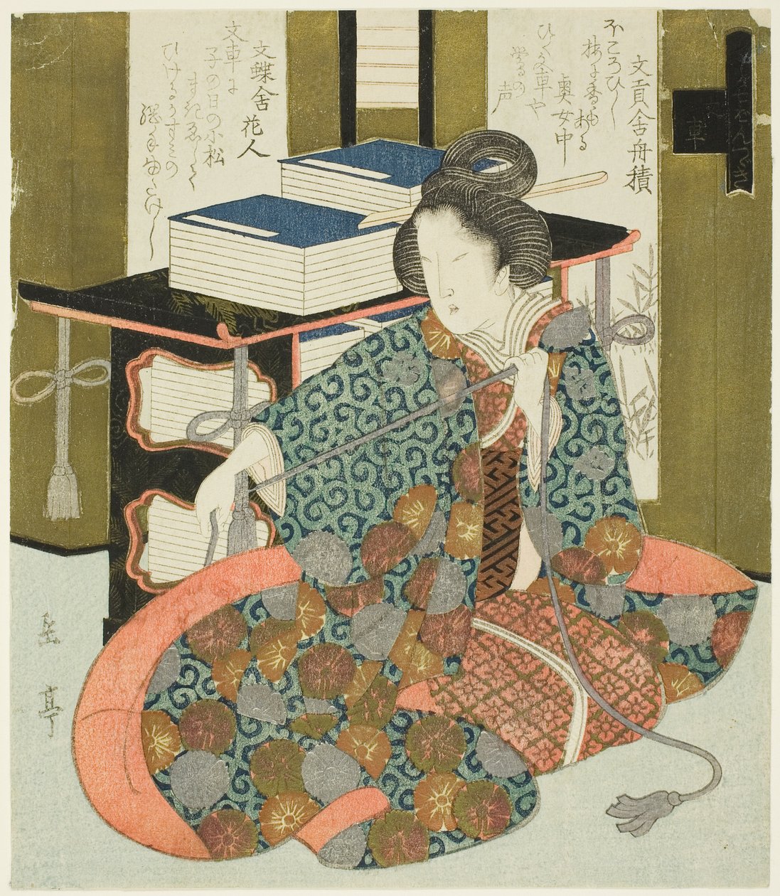 拉轮式书箱绳索的女子，选自 "葛饰俱乐部七件套 "系列 作者 矢岛学亭