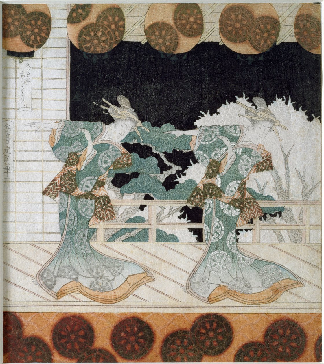 Dancers in traditional costume on a scene Japanese print “Surimono” by Yashima Gakutei (1786-1868) 1822 Private collection 作者 矢岛学亭