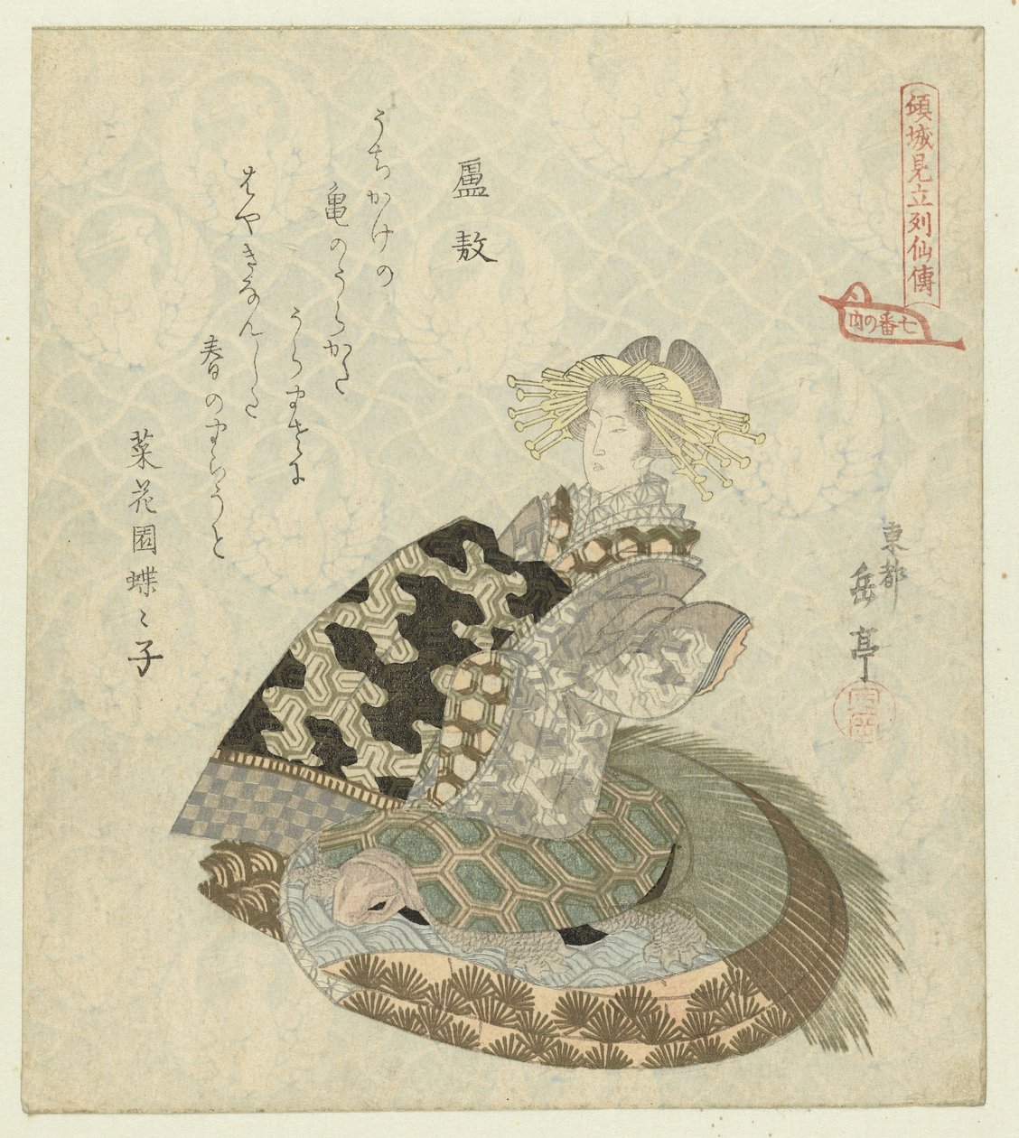 不朽的六可 Rokô（物体上的标题） 妓女智者传记戏仿：七幅版画系列（系列标题） Keisei mitate ressenden - nanaban no uchi（物体上的系列标题） 作者 矢岛学亭