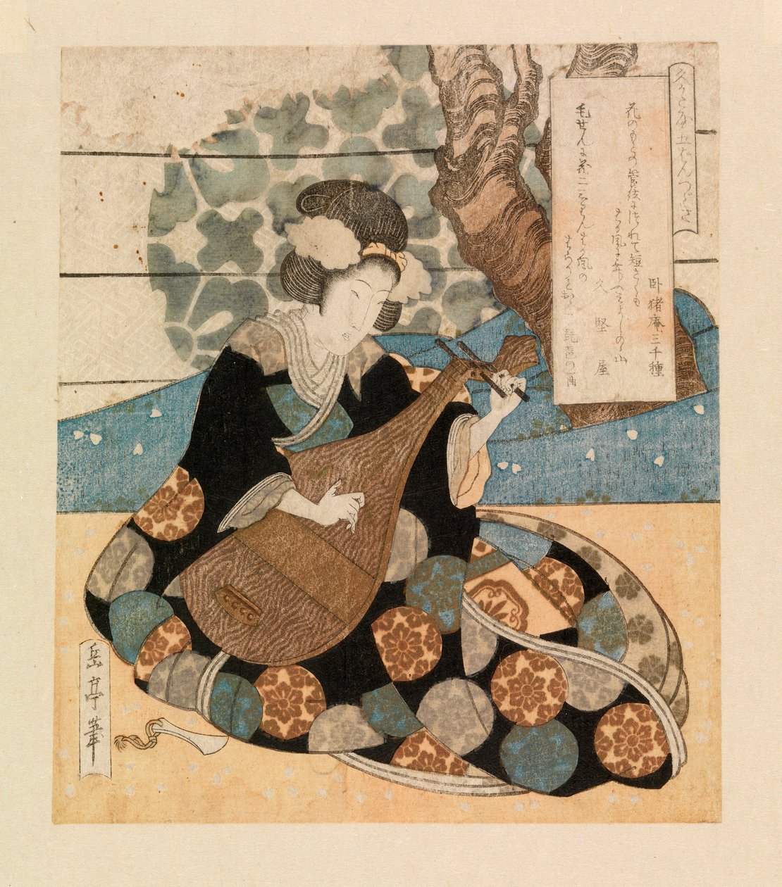 演奏乐器的女士，约 1804-40（彩色木刻） 作者 矢岛学亭