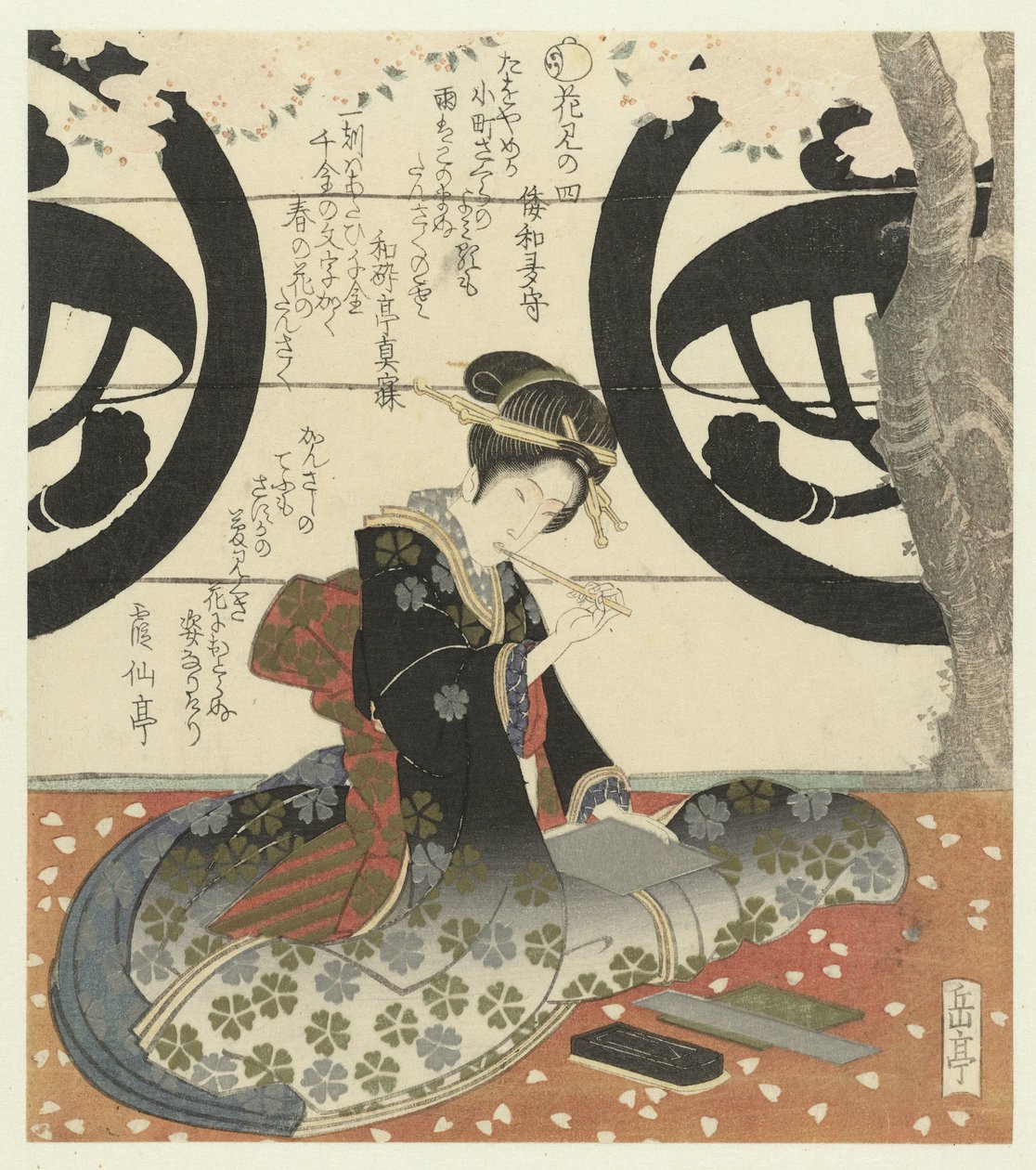 第四项：女孩写诗
没有米（物体上的标题）
看花（系列标题）
花见（物品上的系列标题） 作者 矢岛学亭