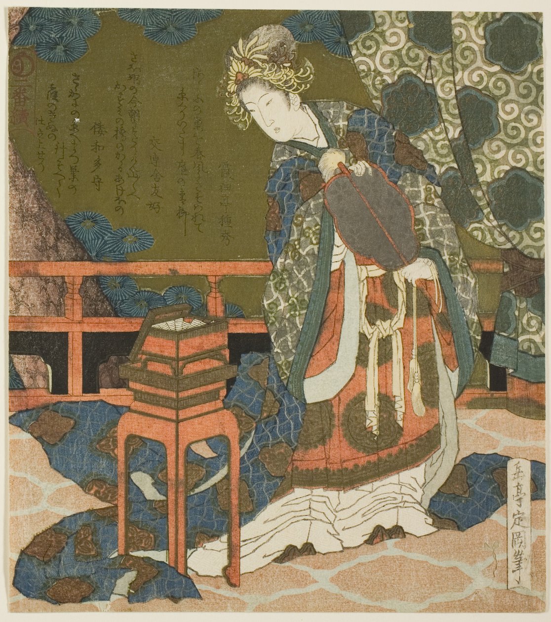 两个中国女人在盒子里检查线和蜘蛛网，选自 "鼓组双连画 "系列 作者 矢岛学亭