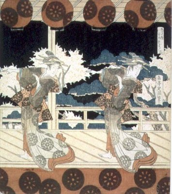两个舞者在舞台上表演，选自《古一的舞蹈》，为 Hisakataya集团系列，约1822年（墨）。 作者 矢岛学亭