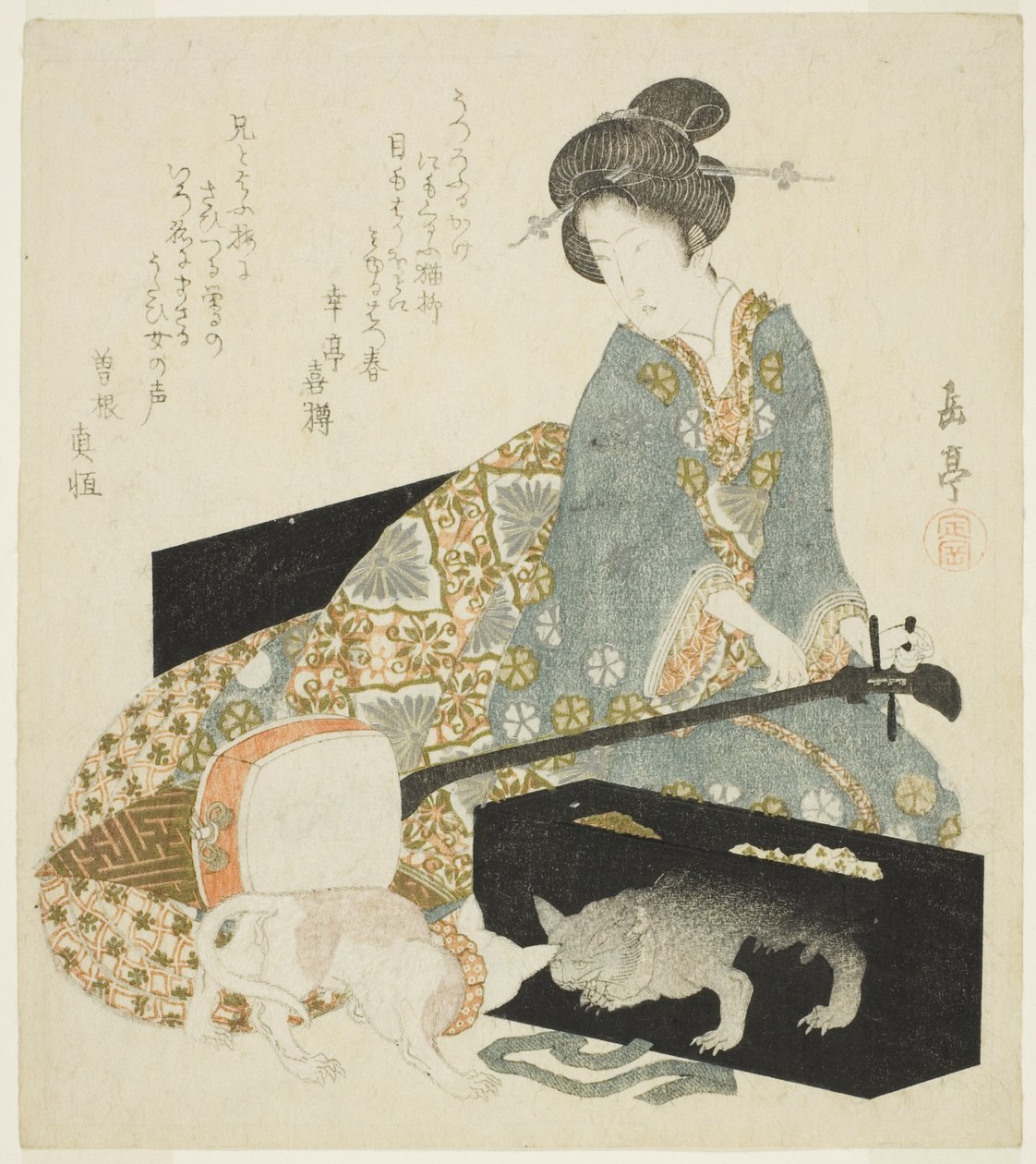 妇女与三味线和猫 作者 矢岛学亭