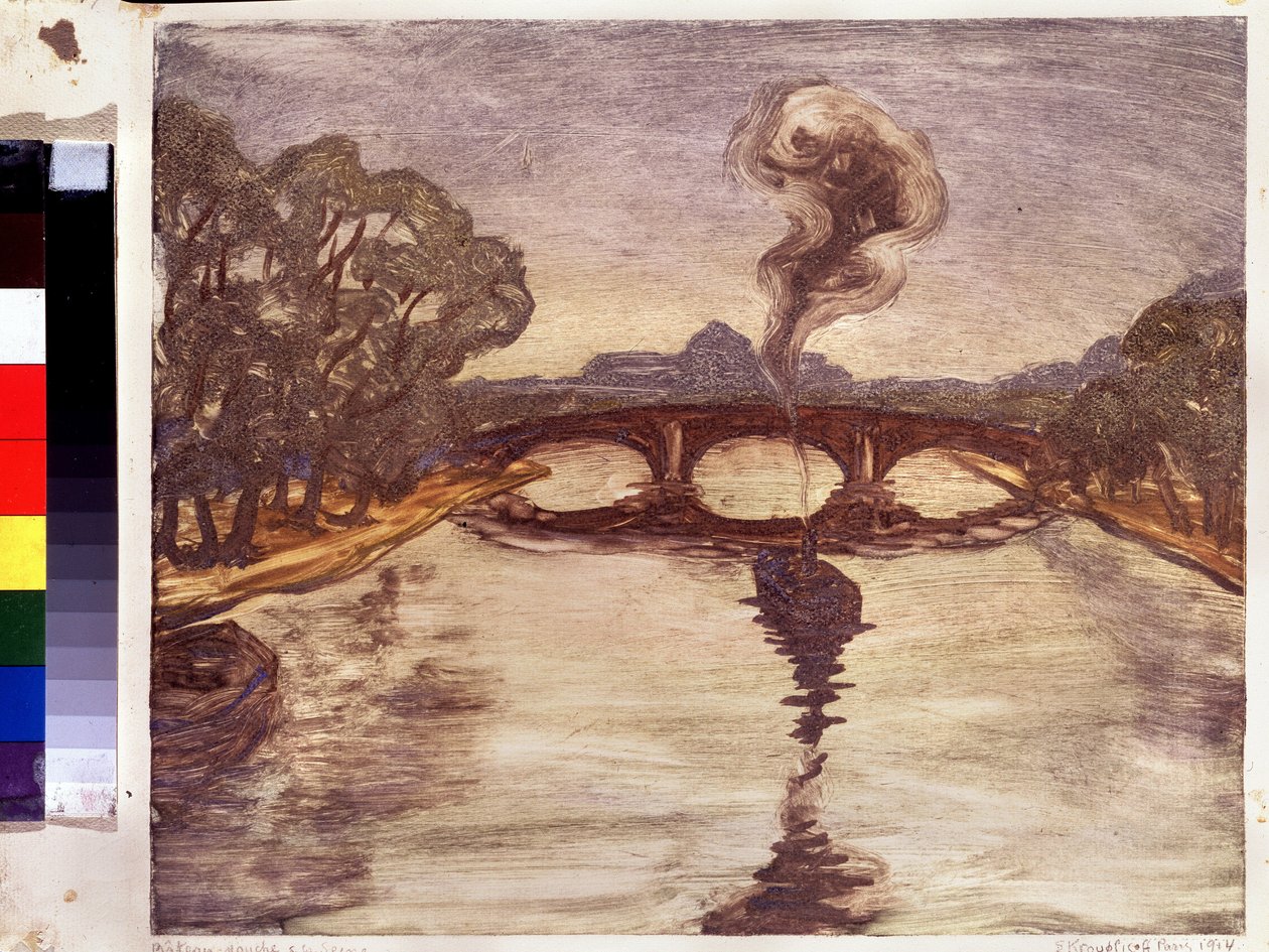 塞纳河上的小船(塞纳河上的小船）。Peinture de Yelisaveta (Elisabeth) Sergeyevna Kruglikova (Elizaveta Sergeevna Krouglikova) (1865-1941), estampe (monotype). 作者 叶利萨维塔·谢尔盖耶夫娜·克鲁格里科娃