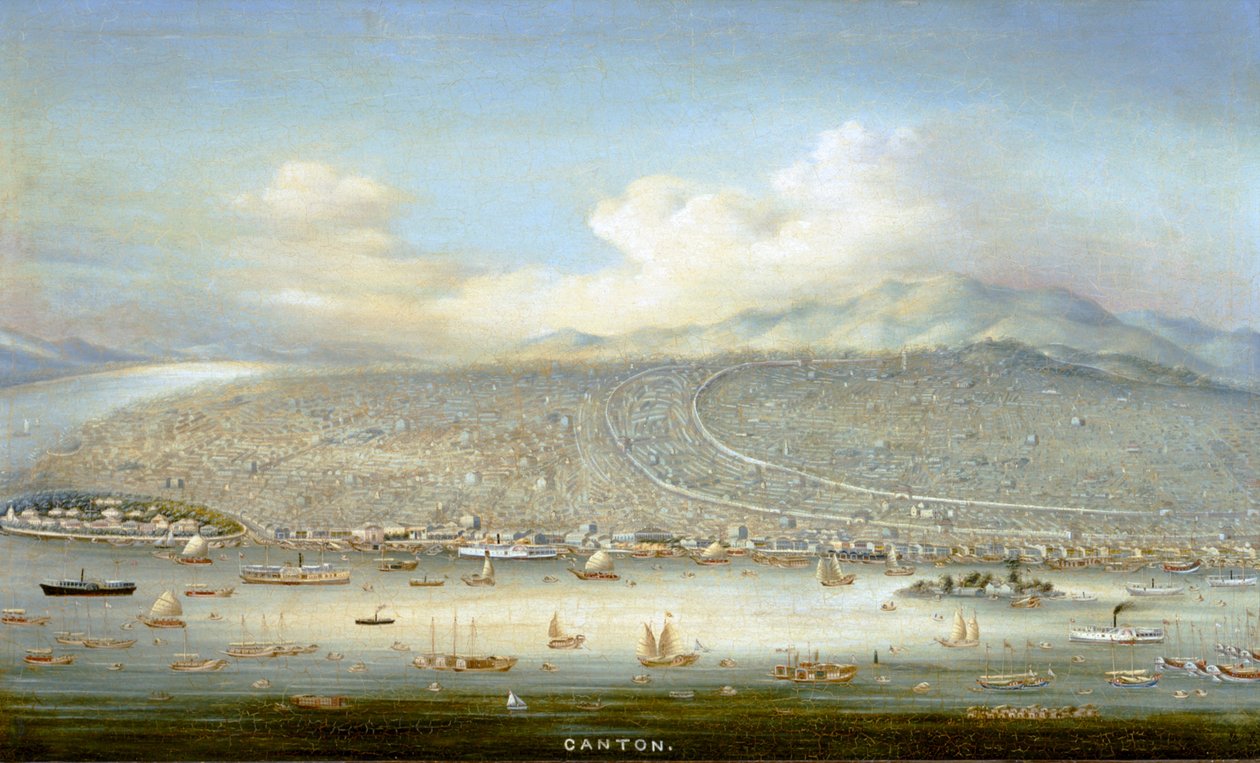 1865 年广州与沙面岛的景色，约 1880 年（木板油画） 作者 宜昌 宜昌