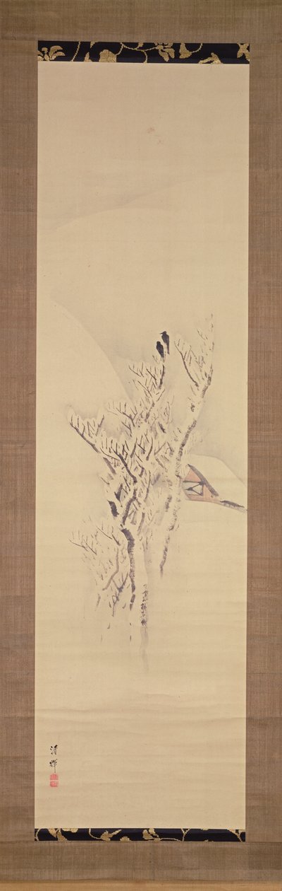 与乌鸦在树，c.1820-50（墨水和纸上的颜色）的雪景 作者 横山精机