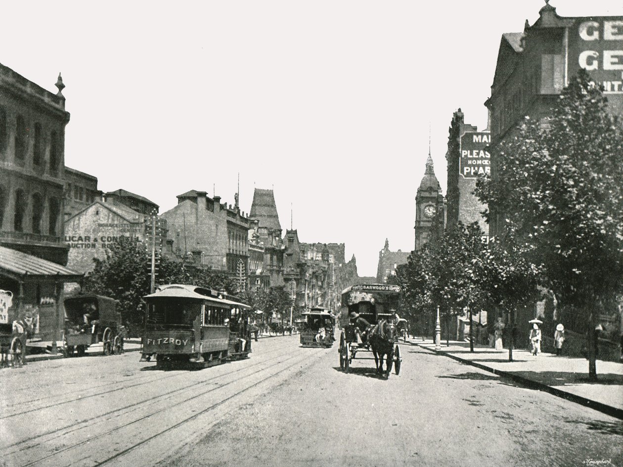 柯林斯街（Collins Street），从澳大利亚墨尔本罗素街（Russell Street）向西看，1895年。 作者 约克和儿子