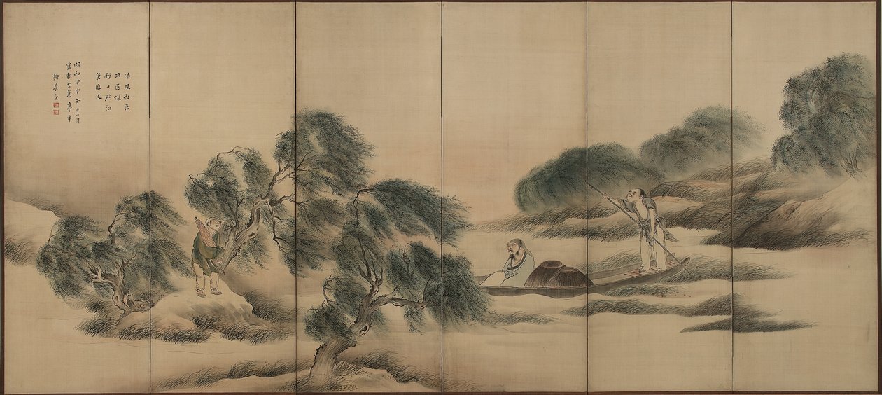 雨后江边钓鱼，江户时代（丝绸上的墨水和颜色） 作者 尤萨·布森（Yosa Buson）