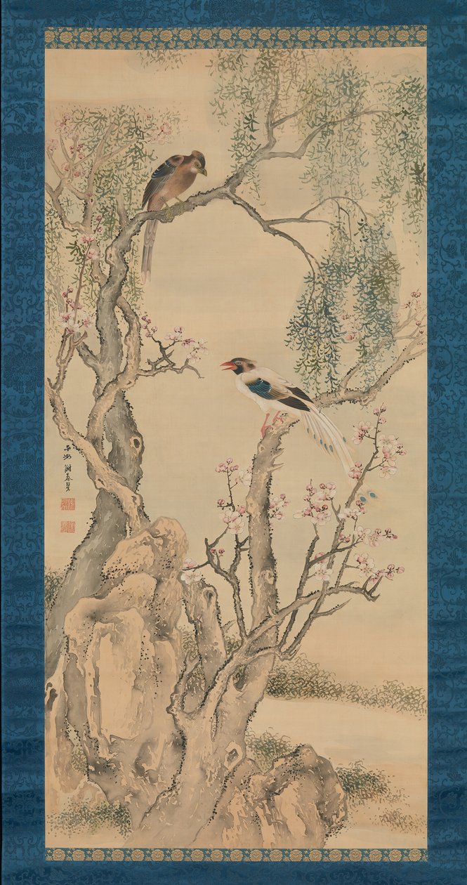 柳树上的鸟和开花的桃树。 作者 尤萨·布森（Yosa Buson）