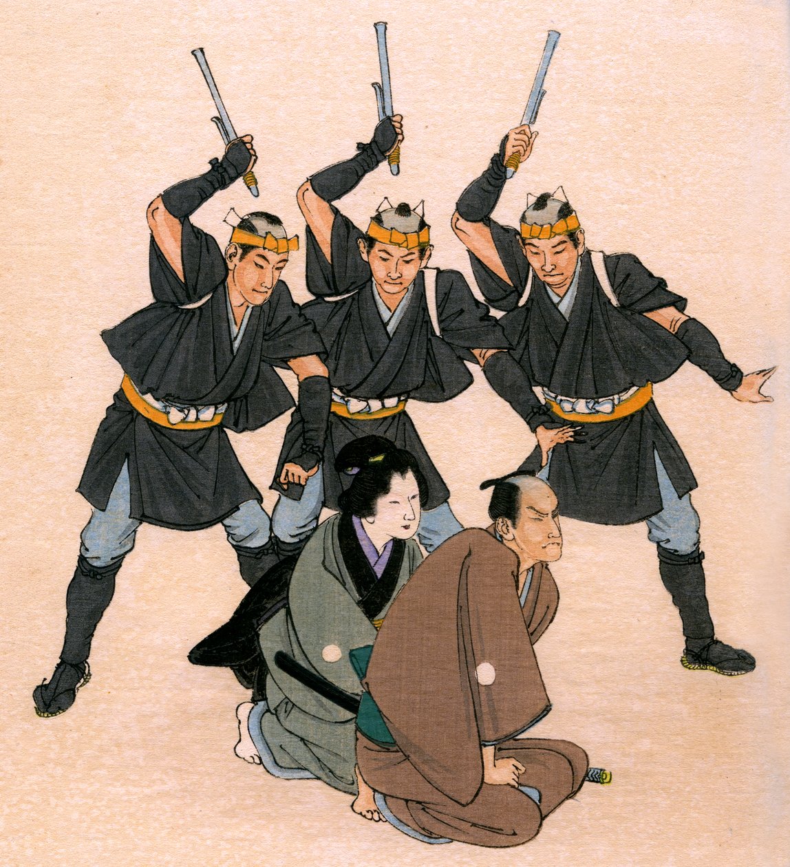 日本传统戏剧：三名武装人员威胁一男一女 作者 新井义宗