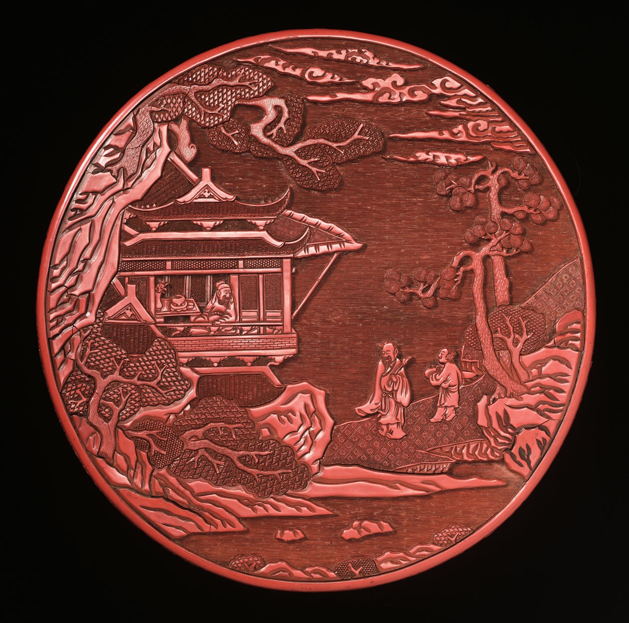 圆形雕刻朱砂盒和盖子（漆木）（另见272180和272181） 作者 元代中文学校
