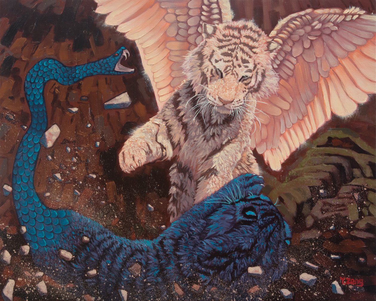 天使与魔鬼，2023 年（布面油画 作者 曾悦