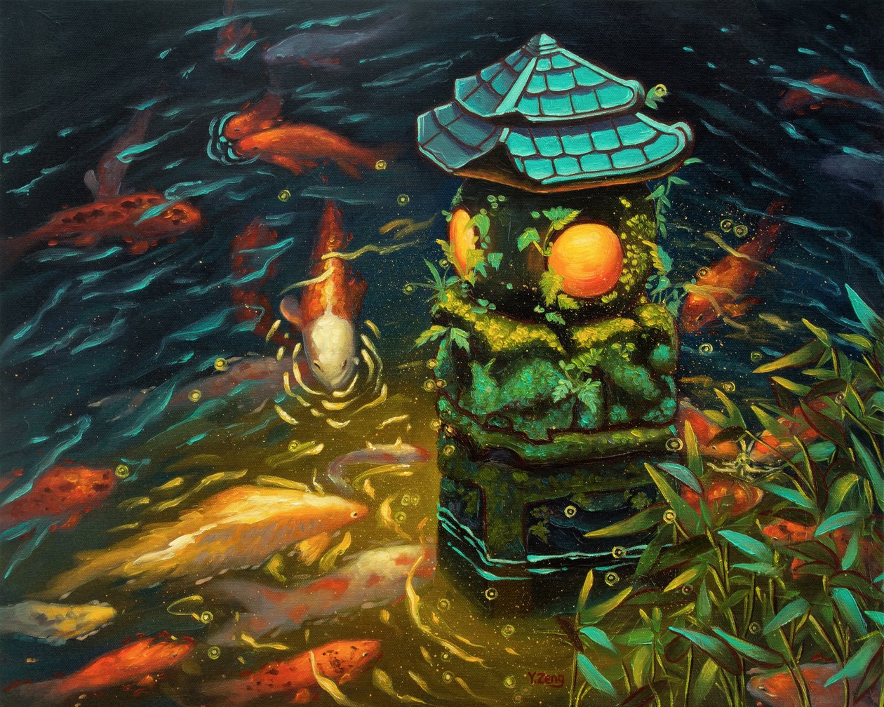 有锦鲤的石灯笼，2023 年（布面油画） 作者 曾悦