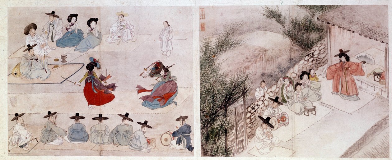 艺术核心：女性日常生活中的战斗场面。 Sin Yun Bok 的版画（或 Hyewon 于 1758 年创作）。 18 世纪或 19 世纪。 亨弼春收藏 作者 云福仙