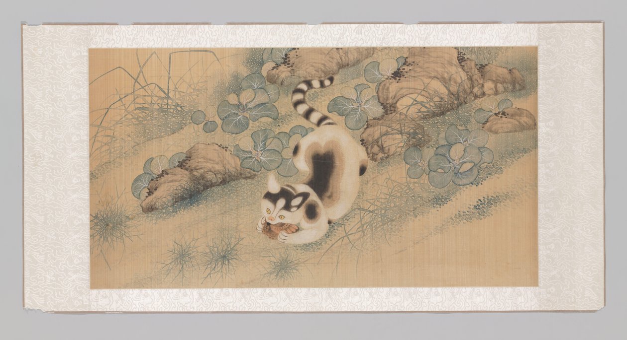画有罂粟花、蝴蝶和一只猫的挂轴（上半部分） 作者 云冰