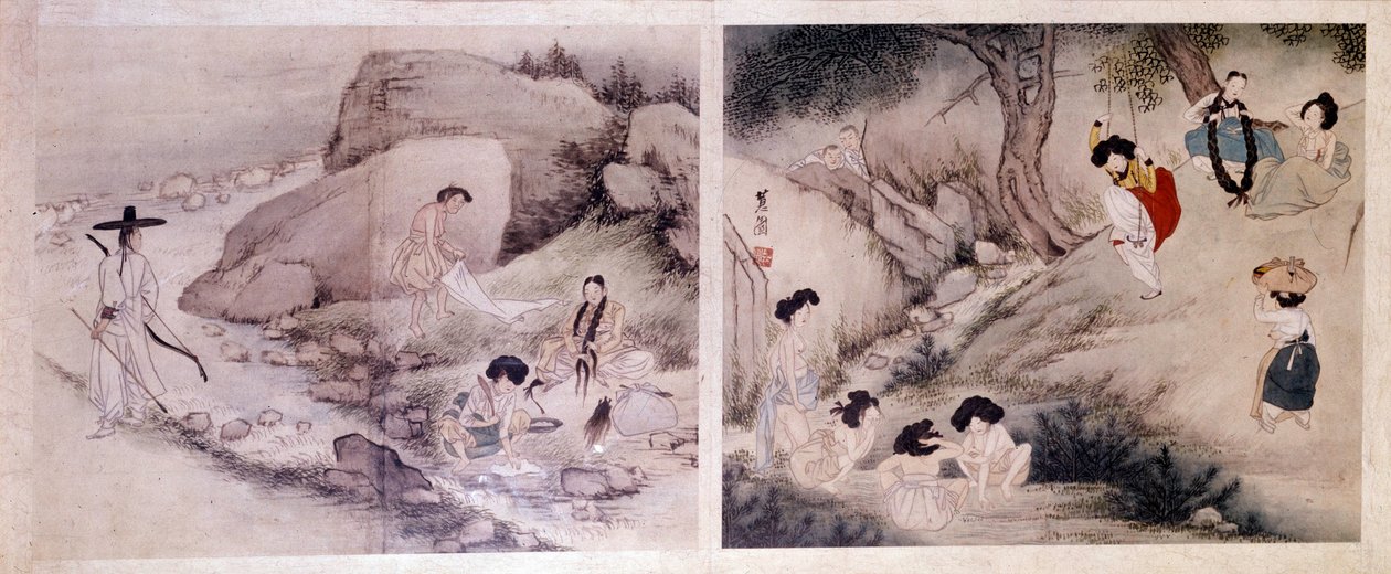 艺术核心：女人自己洗衣服、穿衣服，女人上厕所、自娱自乐。 Sin Yun Bok（或 Hyewon）的版画（生于 1758 年）。 亨弼春收藏 作者 云福仙