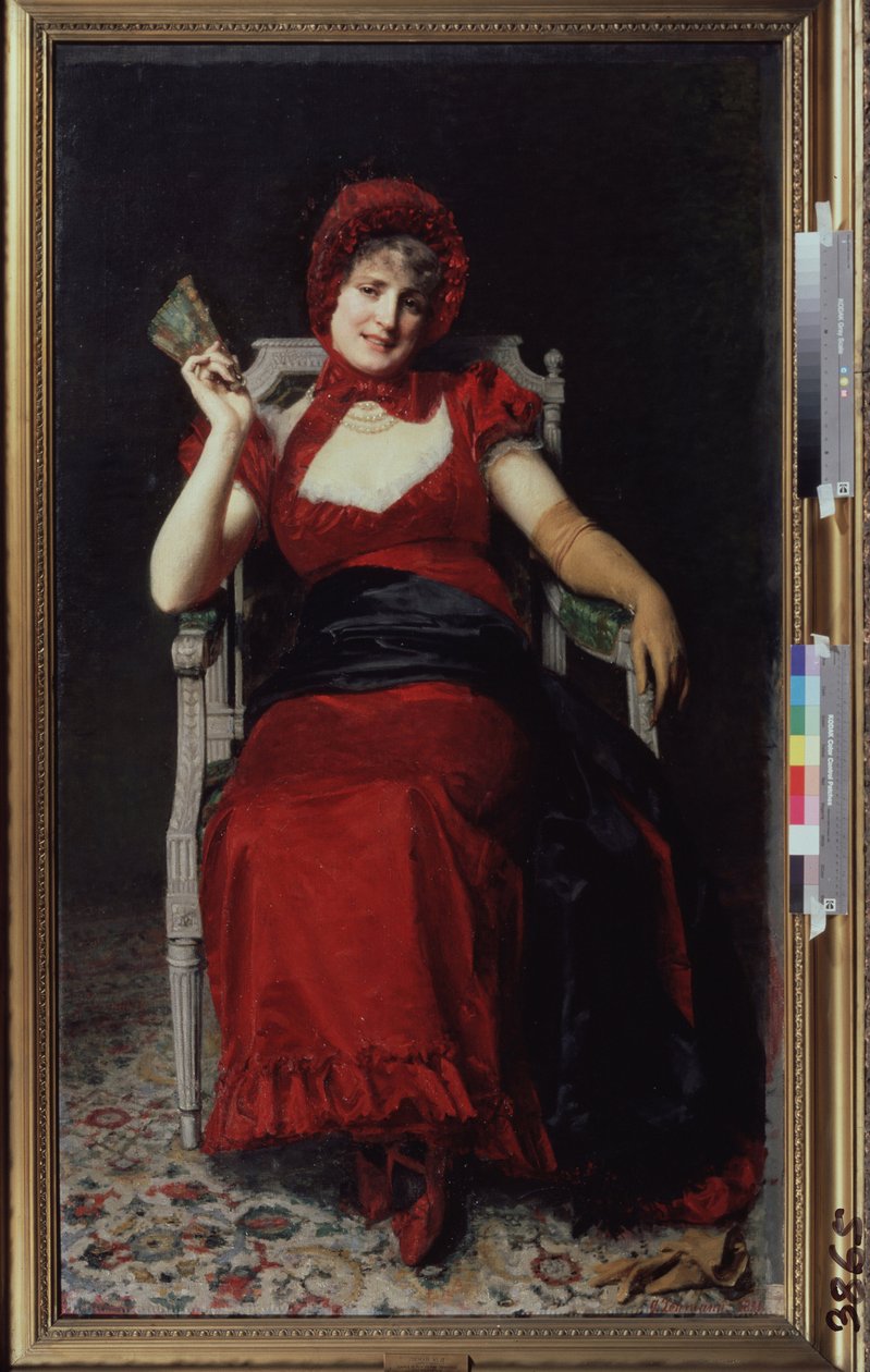 身着 Directoire 礼服的女士。她戴着手套，拿着扇子，裙子是红色的，与她的缎带帽子和鞋子相配。尤里-雅科夫列维奇-雷曼（Yuri Jacovlevich Lehman）（1834-1901 年）的画作，布面油画。 作者 尤里·雅各夫列维奇·雷曼（Yury Jacovlevich Lehman）