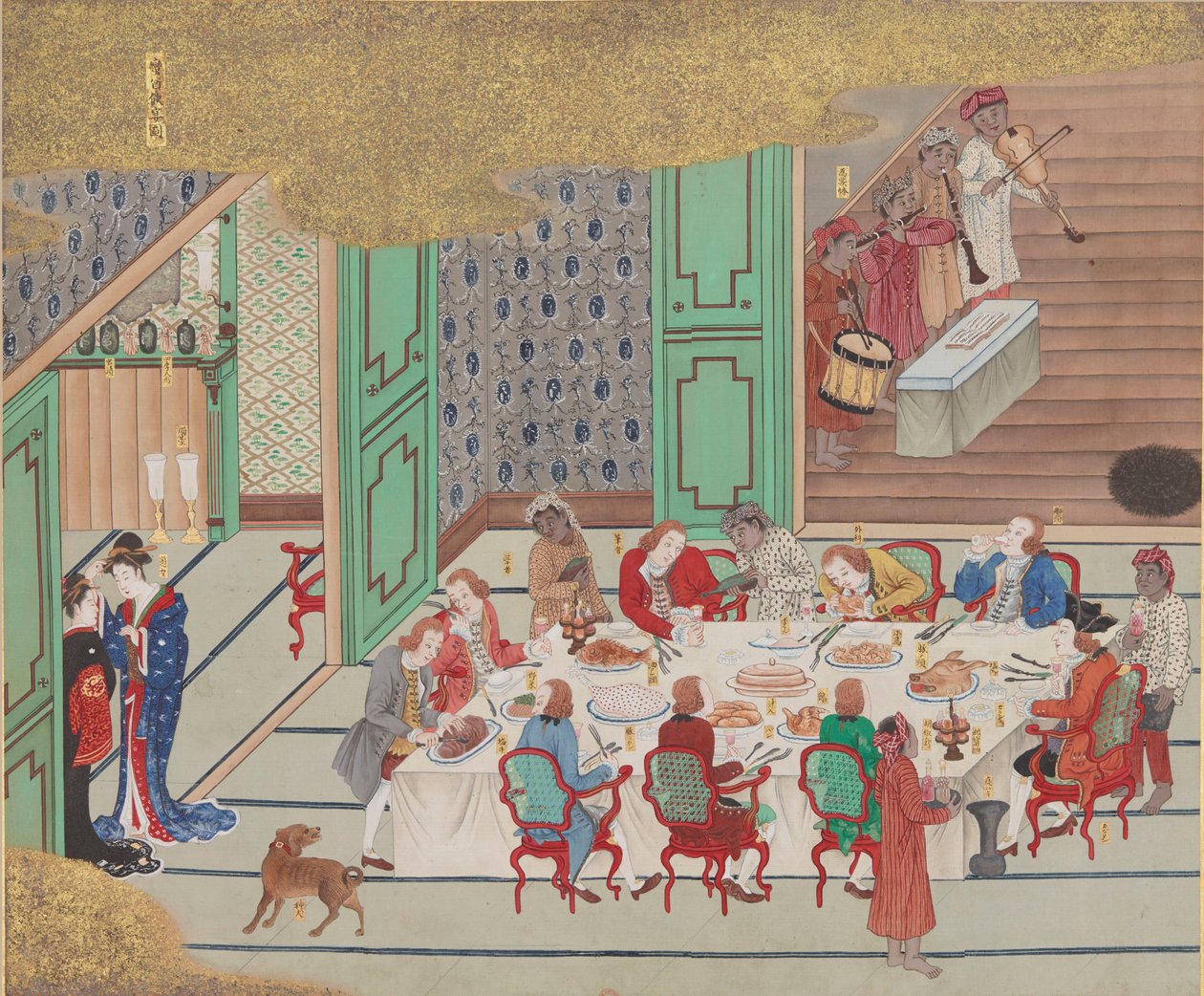 荷兰人的宴会，长崎的圣诞夜，来自Bankan-zu，1797年。 作者 石崎由士