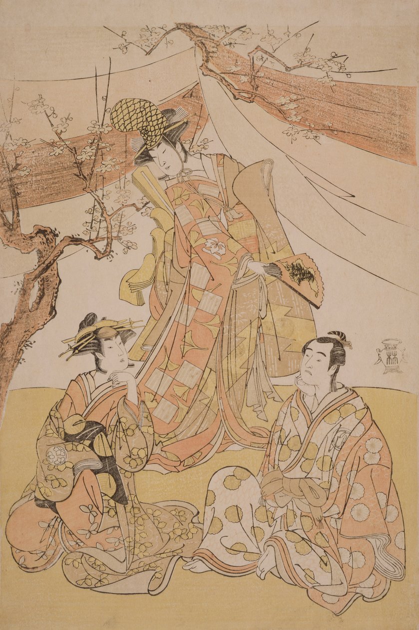 “雪覆盖的竹子：长袖源氏”中的三位演员，1785年（木版画） 作者 汤户顺寿